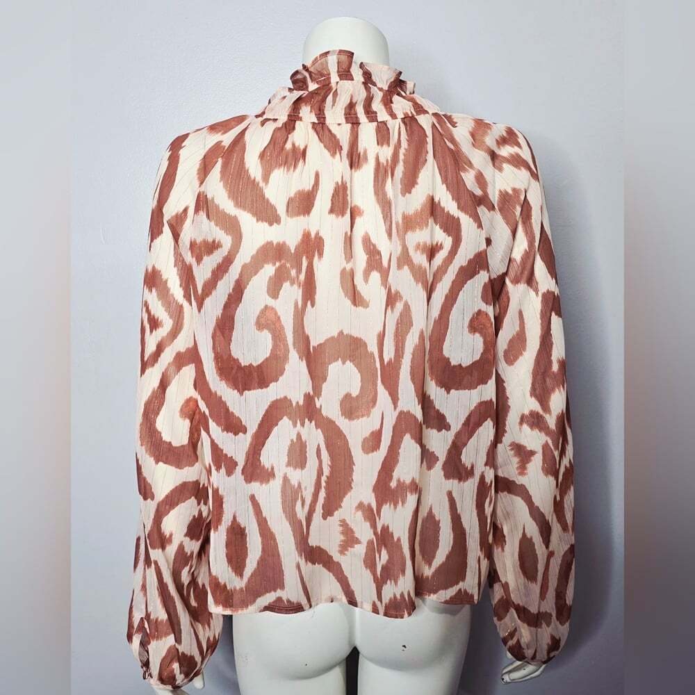 Sheer Women's Ruffle-Neck Button Front Blouse - Cream & Rust - Picture 7 of 9
